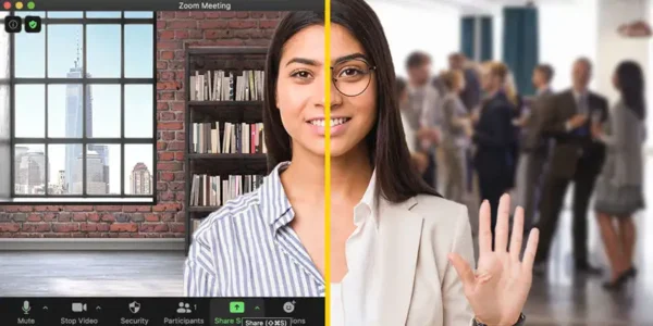 graphic showing a person in a video call and in the offcie