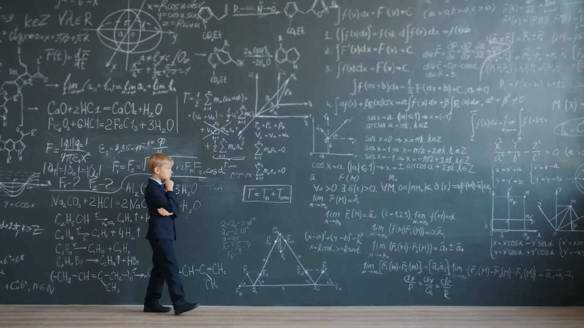 kid looking at chalkboard full of math equations