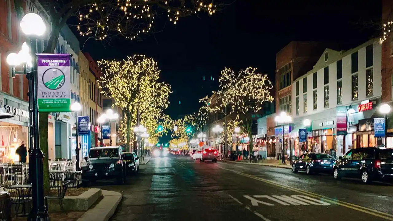 Main Street in Ann Arbor at night around the holidays