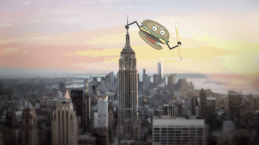 angry hamburger on top of building